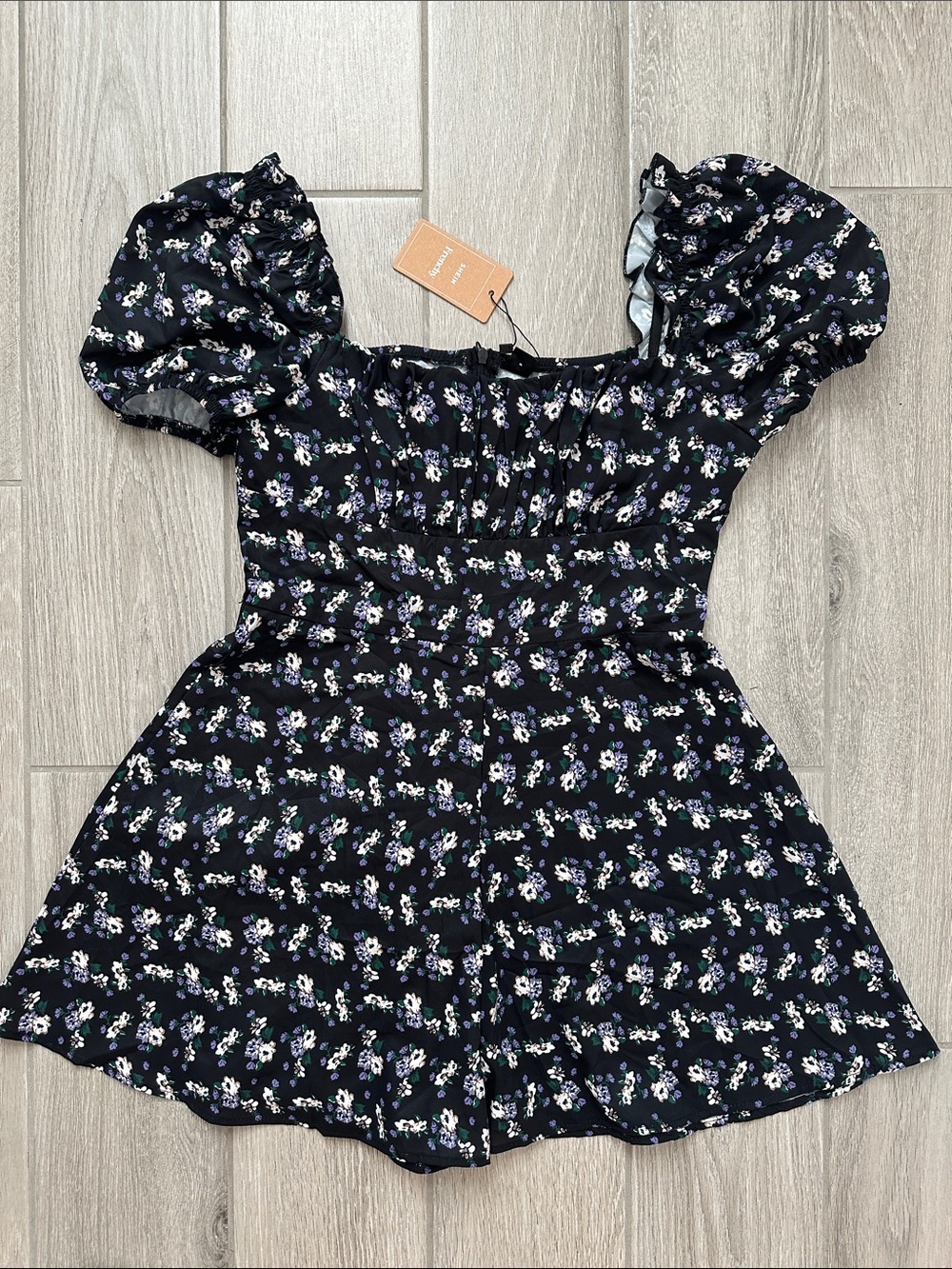 SHEIN Black Romper with White and Lavender Floral Print